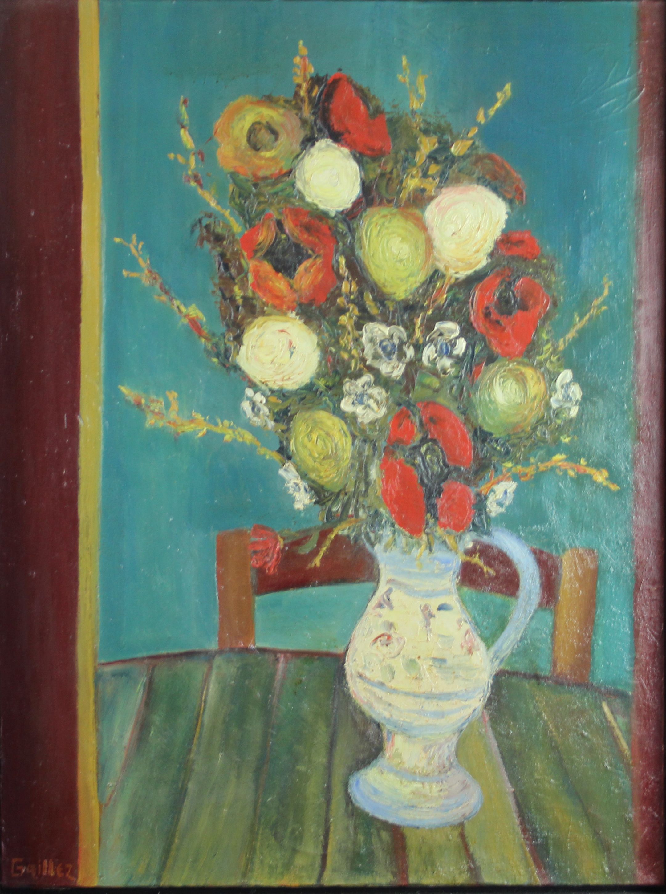 tableau La chaise fleurie Gaillez Michel fleurs,nature morte  huile  2ième moitié 20e siècle