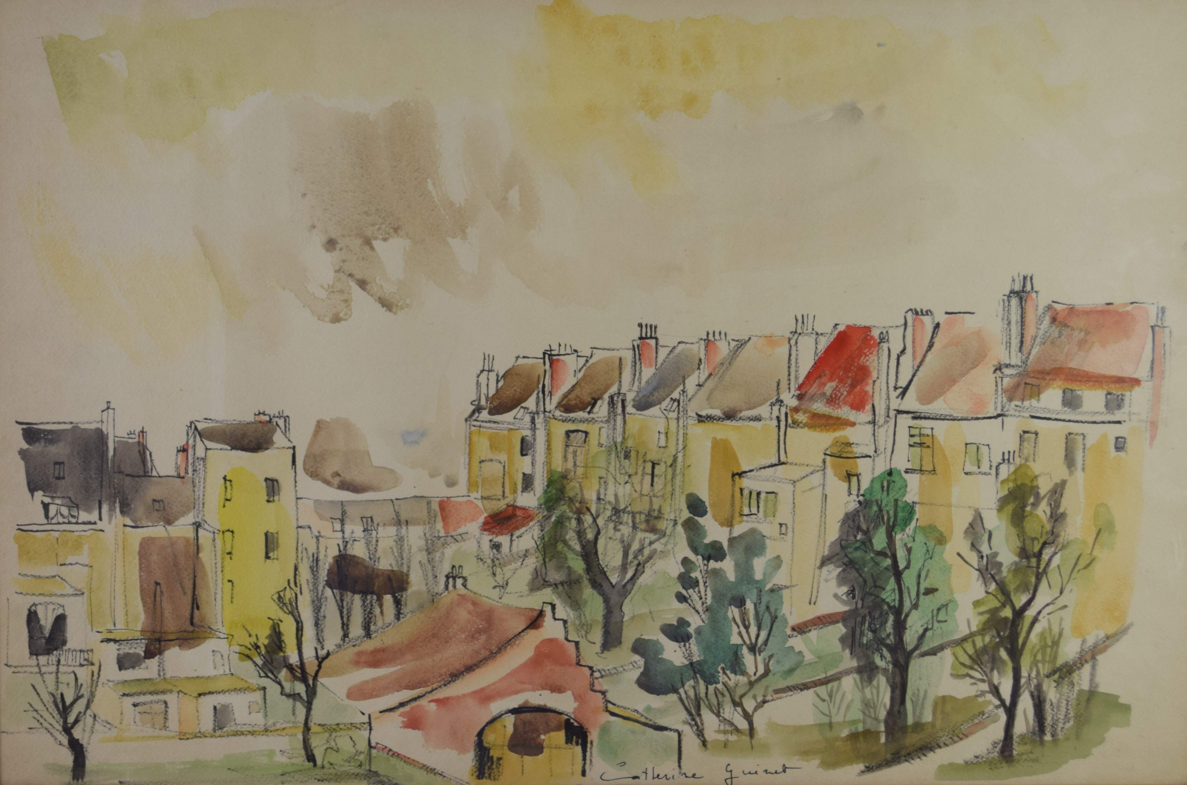 tableau Les toits rouges Guinet  Catherine ville  mixte papier 2ième moitié 20e siècle