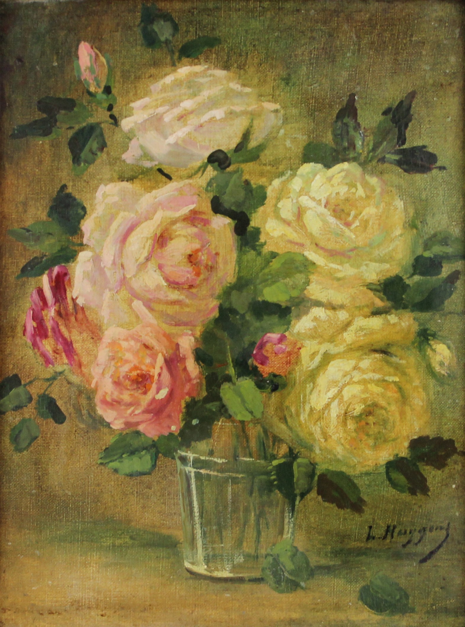 tableau Le Bouquet de roses Huygens Léon fleurs,nature morte  huile panneau 1ère moitié 20e siècle