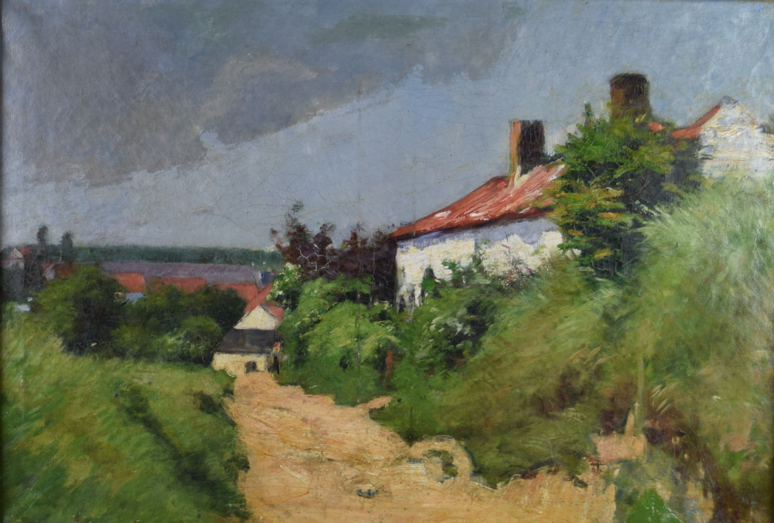 tableau La maison le long du chemin   paysage,personnage  huile toile 1ère moitié 20e siècle
