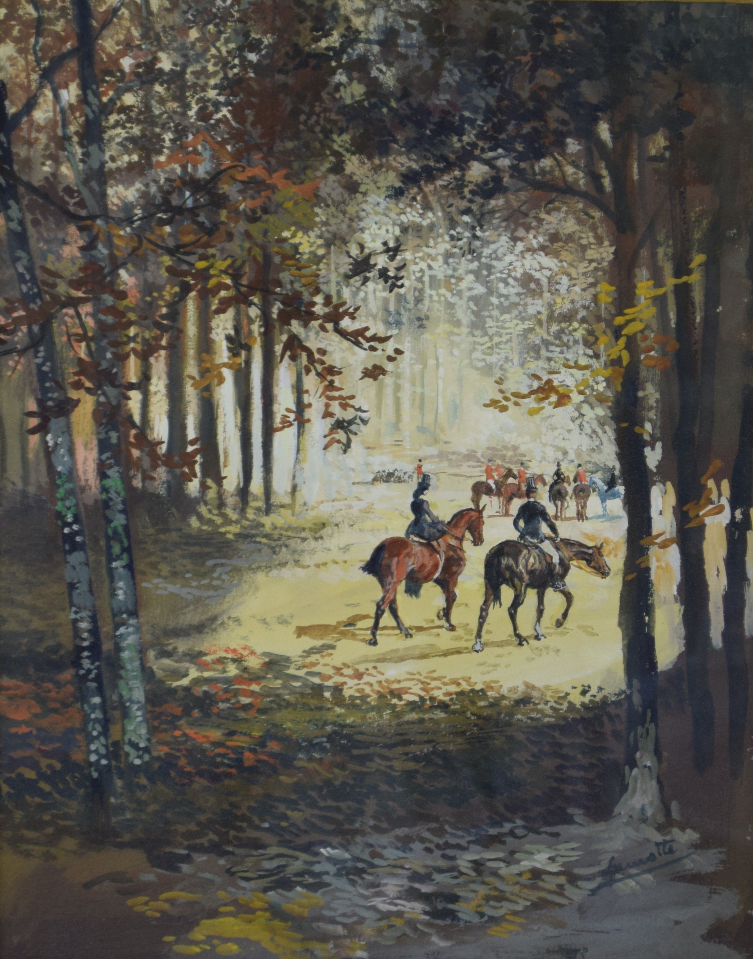 tableau Chasse à court  Lamotte (Chefson) Gabriel paysage,personnage  gouache papier 1ère moitié 20e siècle