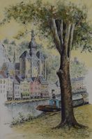 tableau Dinant l'église   ville  mixte papier 2ième moitié 20e siècle