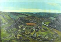 tableau Le soir à Frahan Javaux Ginette paysage,village  huile toile 2ième moitié 20e siècle