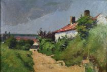 tableau La maison le long du chemin   paysage,personnage  huile toile 1ère moitié 20e siècle