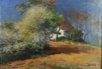 tableau La maison sur la colline    paysage  huile toile 1ère moitié 20e siècle