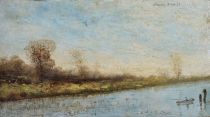tableau Promenade en barque  Van De Kerkhove Louise paysage,personnage  huile panneau 19e siècle
