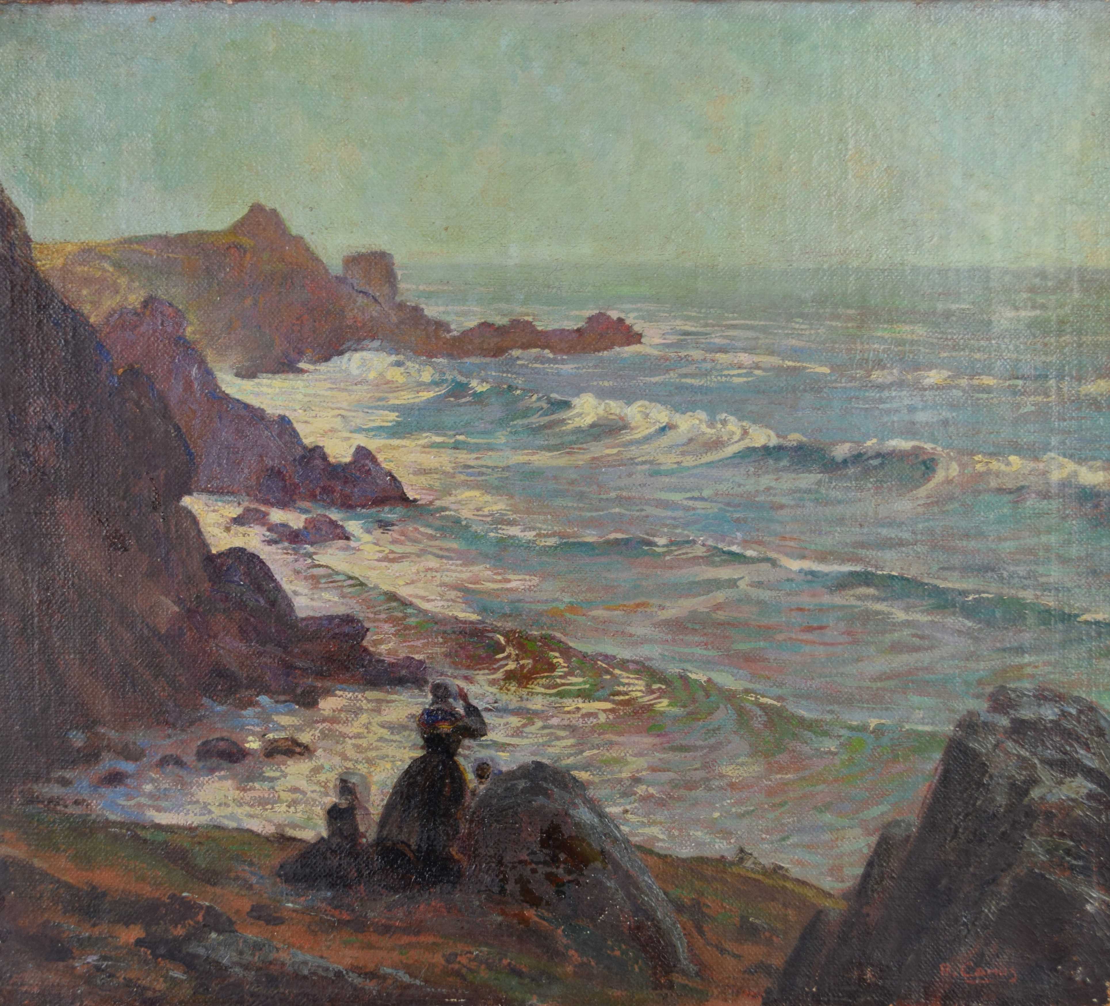 tableau Mère et enfant regard sur la mer Camus R marine,personnage  huile toile 1ère moitié 20e siècle