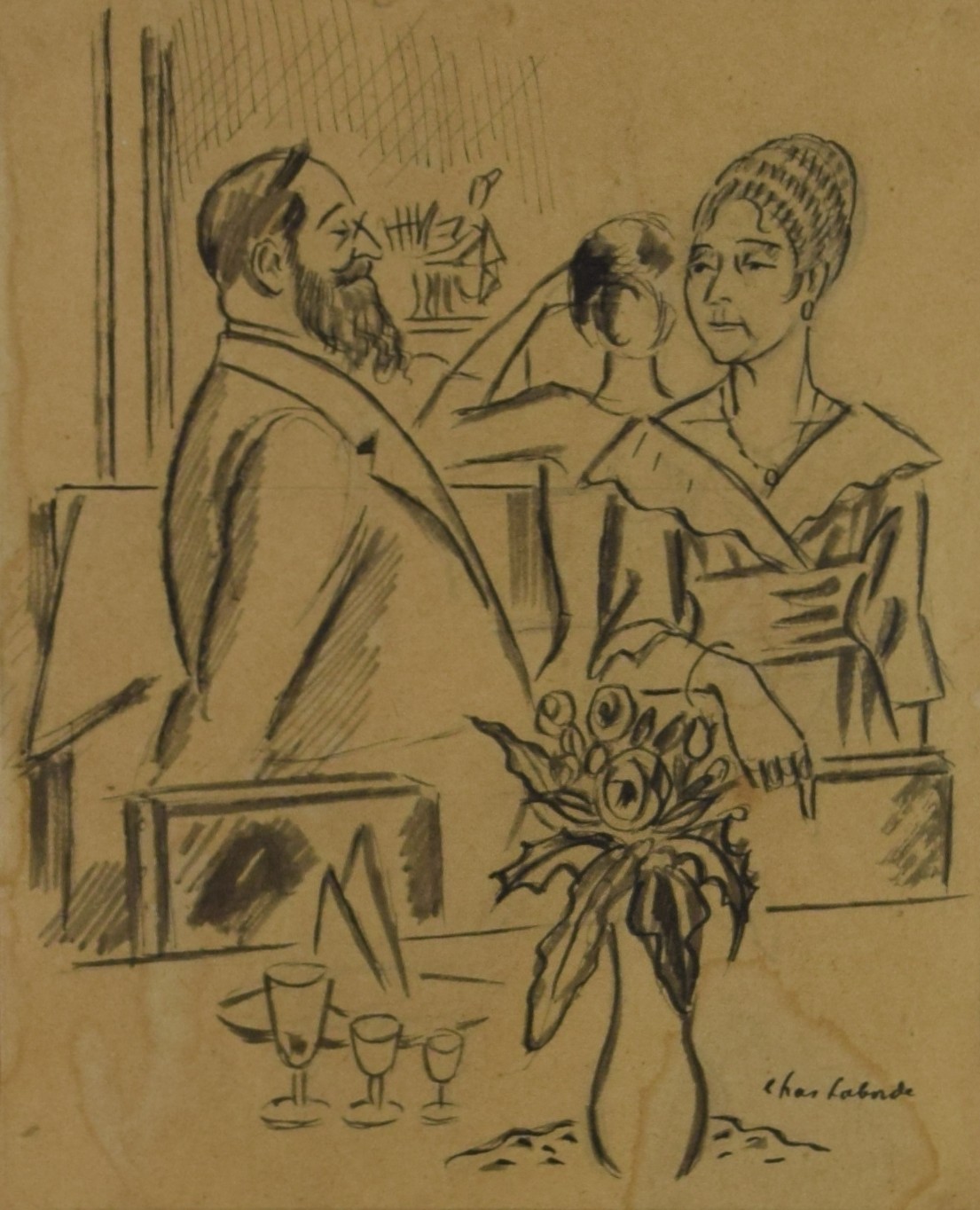 tableau En attendant des invités  Chas-Laborde Charles humoristique,personnage  mixte papier 1ère moitié 20e siècle