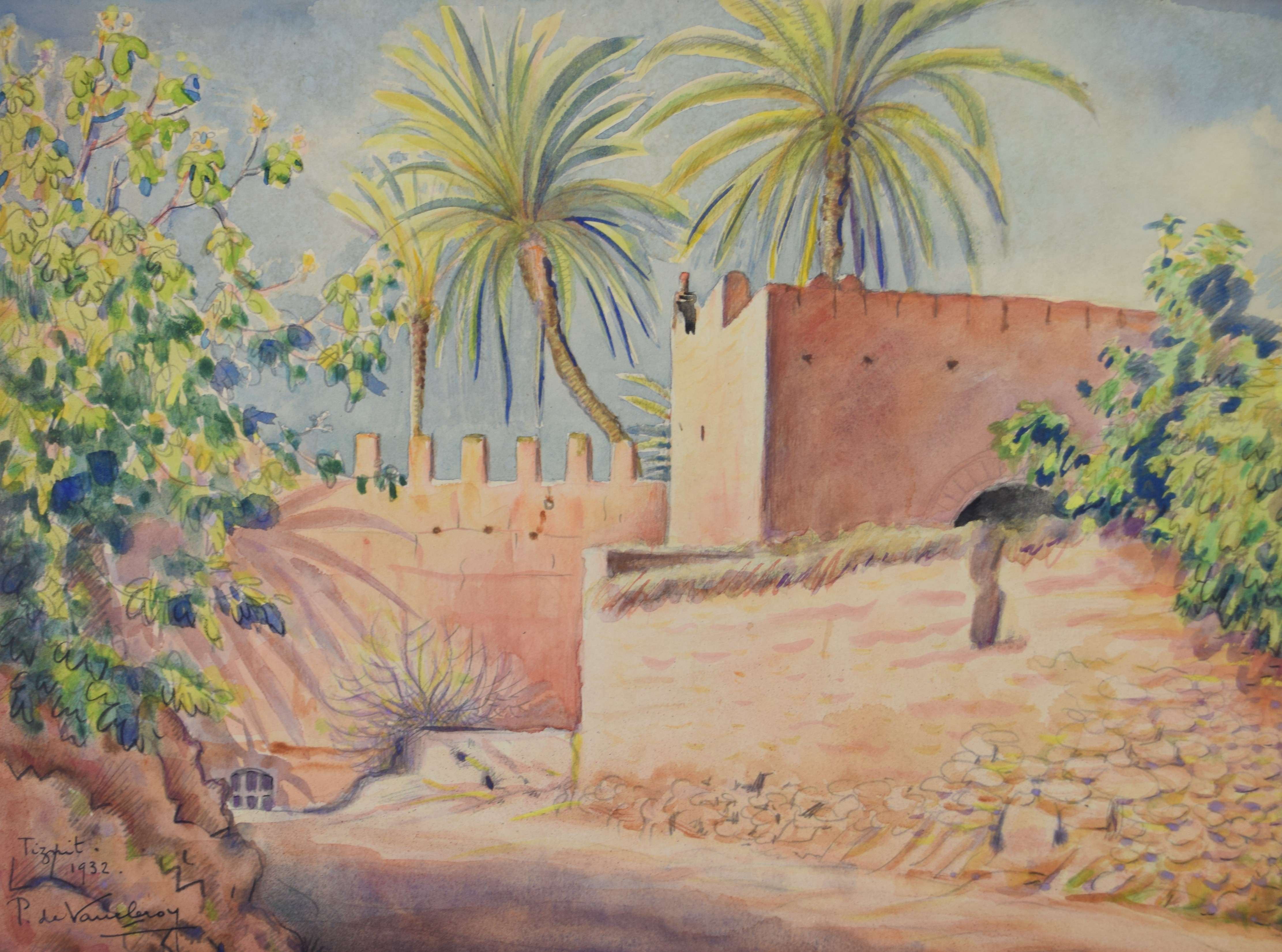 tableau Porte de Tiznit De Vaucleroy Pierre village  aquarelle papier 1ère moitié 20e siècle