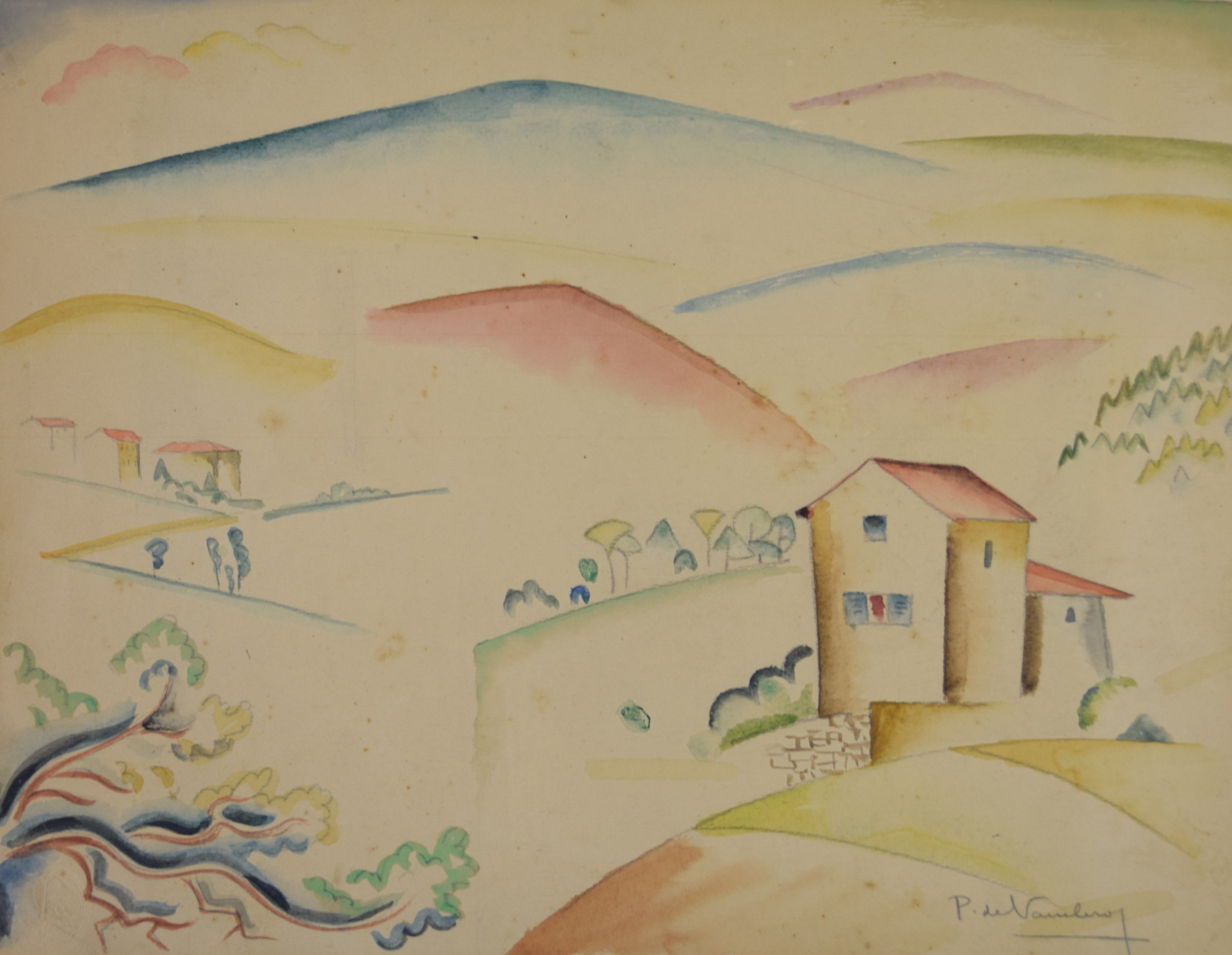 tableau La maison aux collines  De Vaucleroy Pierre paysage,village  aquarelle papier 
