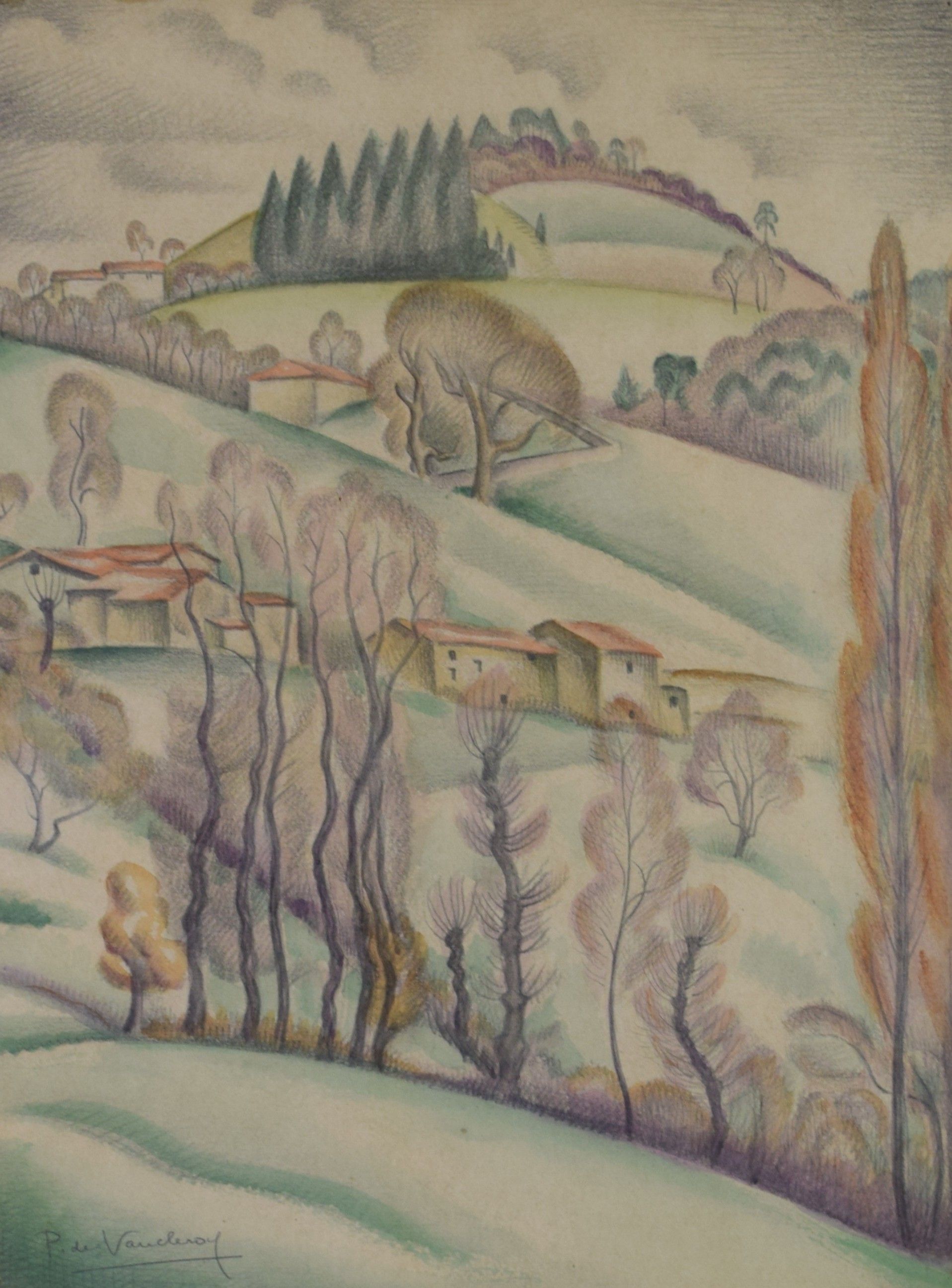 tableau Les collines  De Vaucleroy Pierre paysage,village  crayon papier 