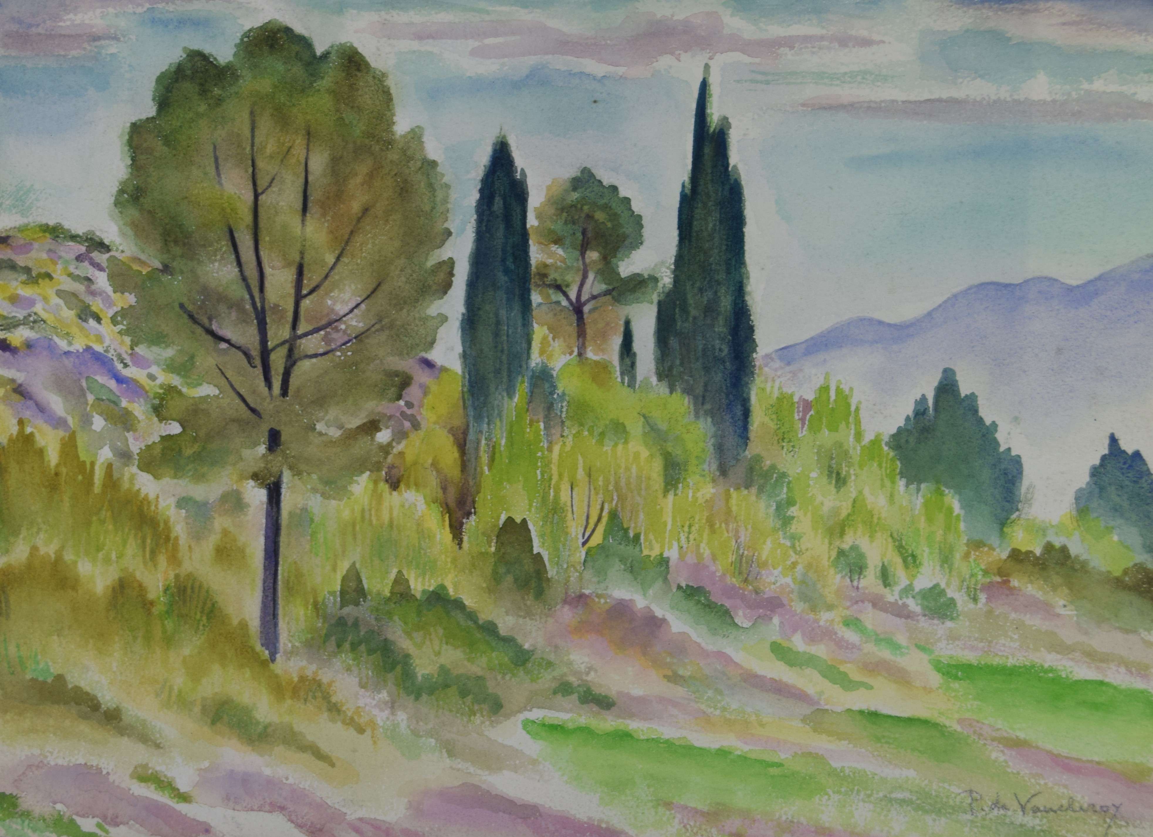 tableau Environs de Montferrier De Vaucleroy Pierre paysage  aquarelle papier 2ième moitié 20e siècle
