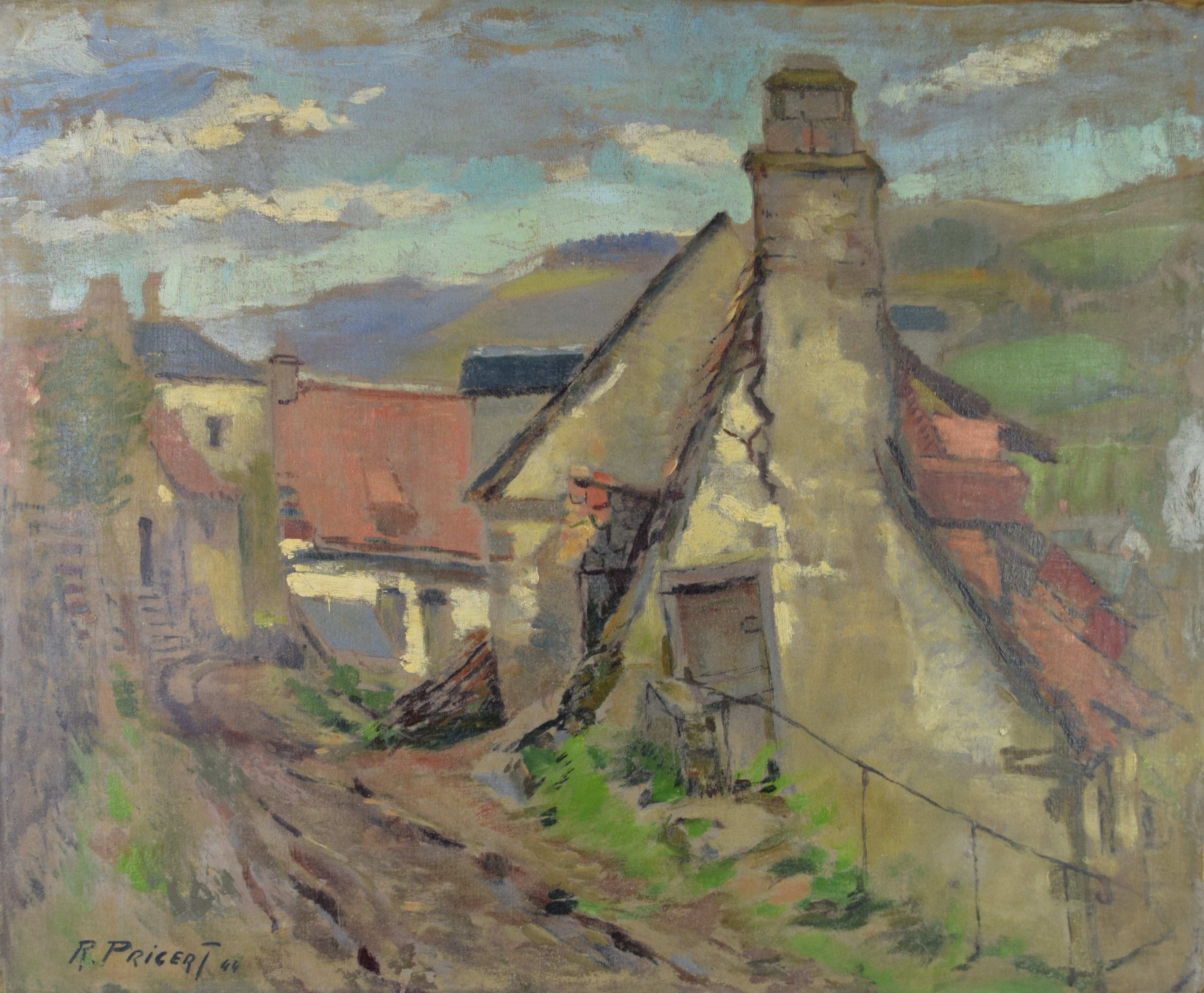 tableau Les chaumières de l'entrée du village Pricert Raphaêl village  huile toile 1ère moitié 20e siècle