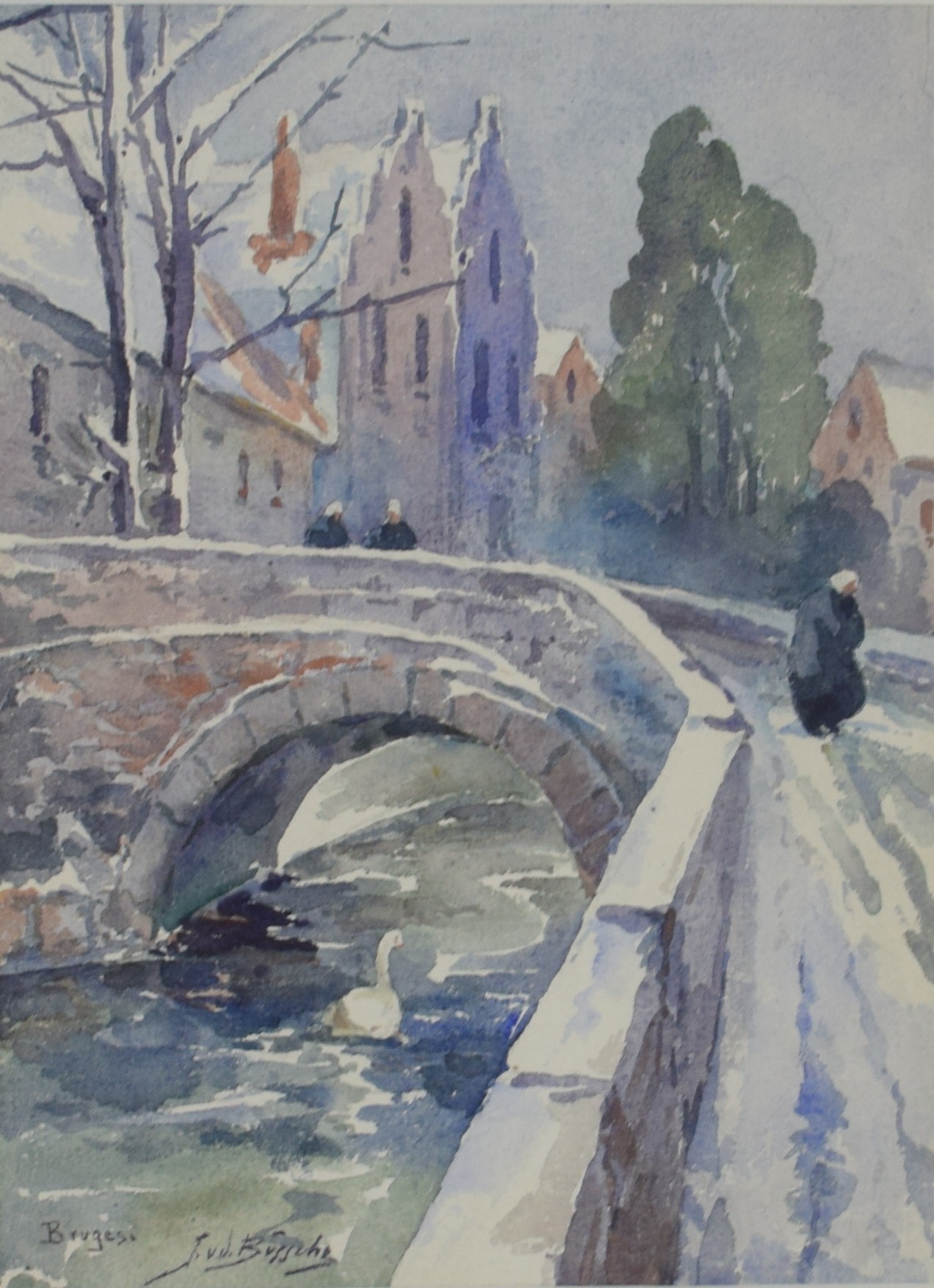 tableau Vue animée à Bruges Van Den Bûssche Jeanne personnage,ville  aquarelle papier 1ère moitié 20e siècle