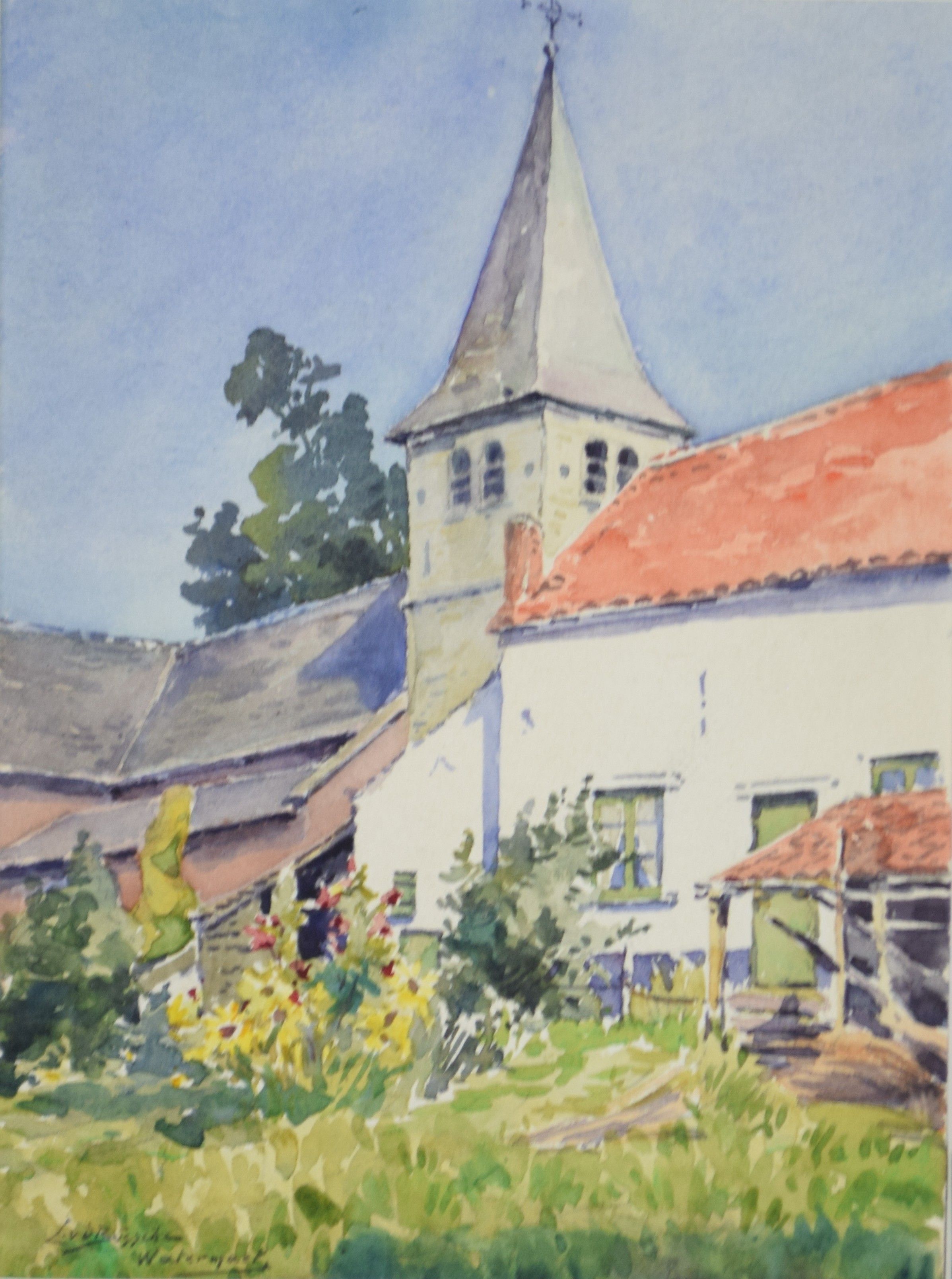 tableau L'église Watermael Van Den Bûssche Jeanne village,église  aquarelle papier 1ère moitié 20e siècle