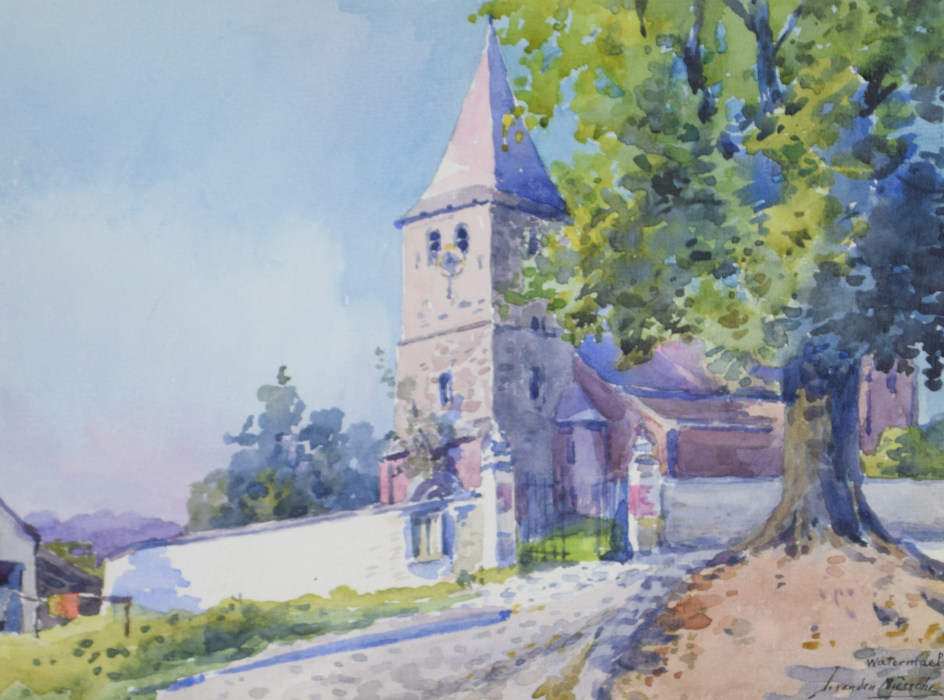 tableau L'église de Watermael  Van Den Bûssche Jeanne village,église  aquarelle papier 1ère moitié 20e siècle