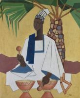 tableau Le joueur de tambours calebasses Ackein Marcelle personnage  huile carton 1ère moitié 20e siècle