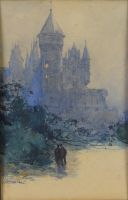 tableau Promenade dans le parc du Château  Cassiers Henry paysage,personnage  aquarelle papier 1ère moitié 20e siècle