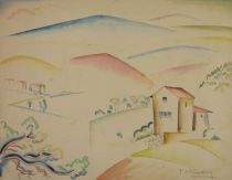 tableau La maison aux collines  De Vaucleroy Pierre paysage,village  aquarelle papier 
