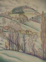tableau Les collines  De Vaucleroy Pierre paysage,village  crayon papier 