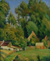 tableau Route de Bonlez à Longville De Vaucleroy Pierre paysage  huile panneau 2ième moitié 20e siècle