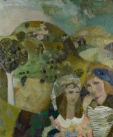tableau Les deux amies Johnstone Gwyneth paysage,personnage,moderne  huile unalite 2ième moitié 20e siècle