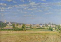 tableau Paysage au bord du fleuve   paysage,village  huile toile 1ère moitié 20e siècle