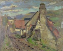 tableau Les chaumières de l'entrée du village Pricert Raphaêl village  huile toile 1ère moitié 20e siècle