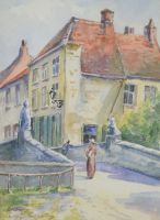 tableau Pont aux Lions Bruges Van Den Bûssche Jeanne personnage,ville  aquarelle papier 1ère moitié 20e siècle