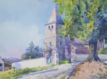 tableau L'église de Watermael  Van Den Bûssche Jeanne village,église  aquarelle papier 1ère moitié 20e siècle