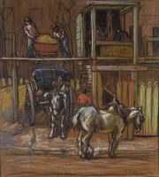 tableau Travaux de ferme  Vieillard Emile Maurice animaux,personnage,scène rurale  pastel papier 1ère moitié 20e siècle