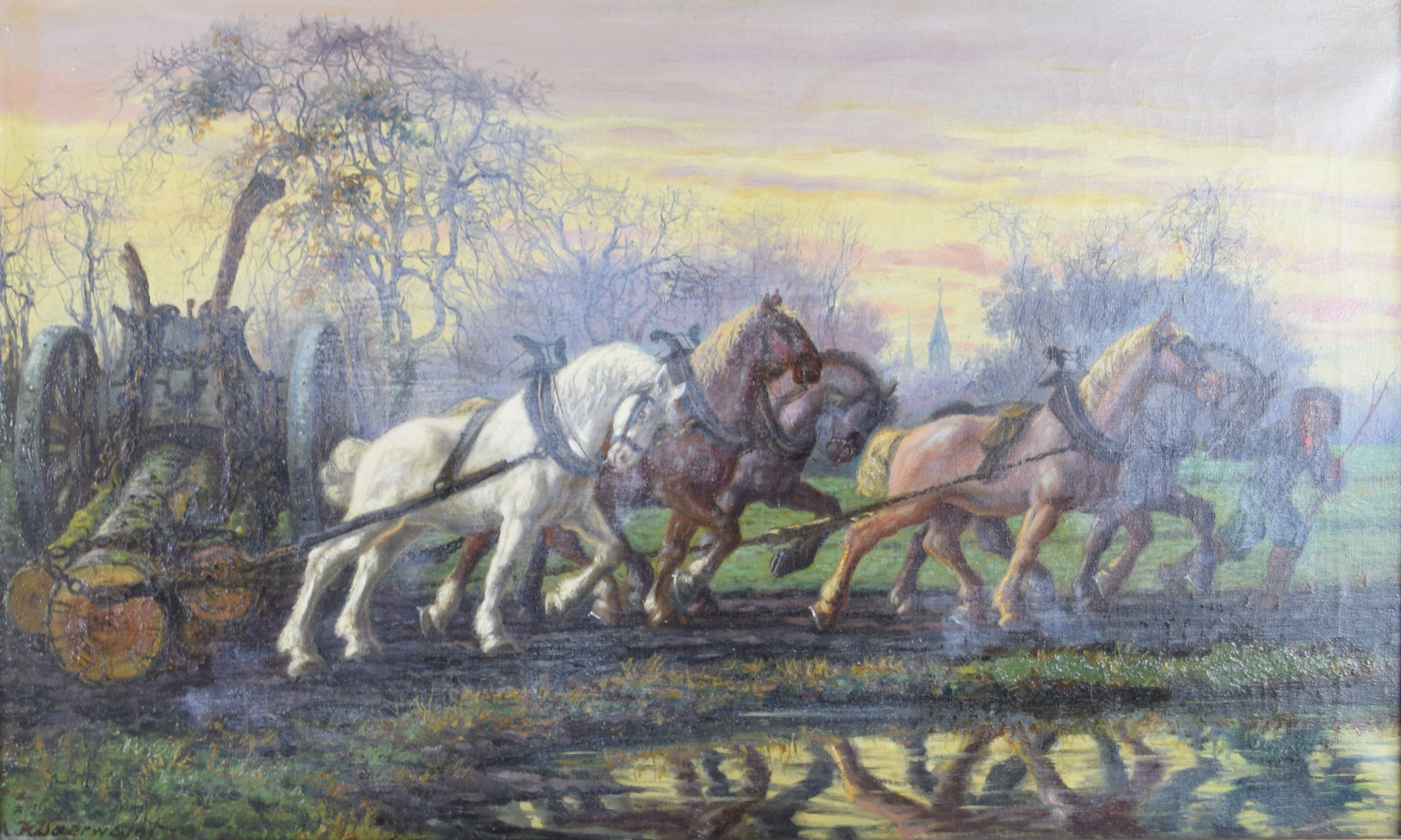 tableau Les débardeurs  Baerwaldt Karel animaux  huile toile 1ère moitié 20e siècle
