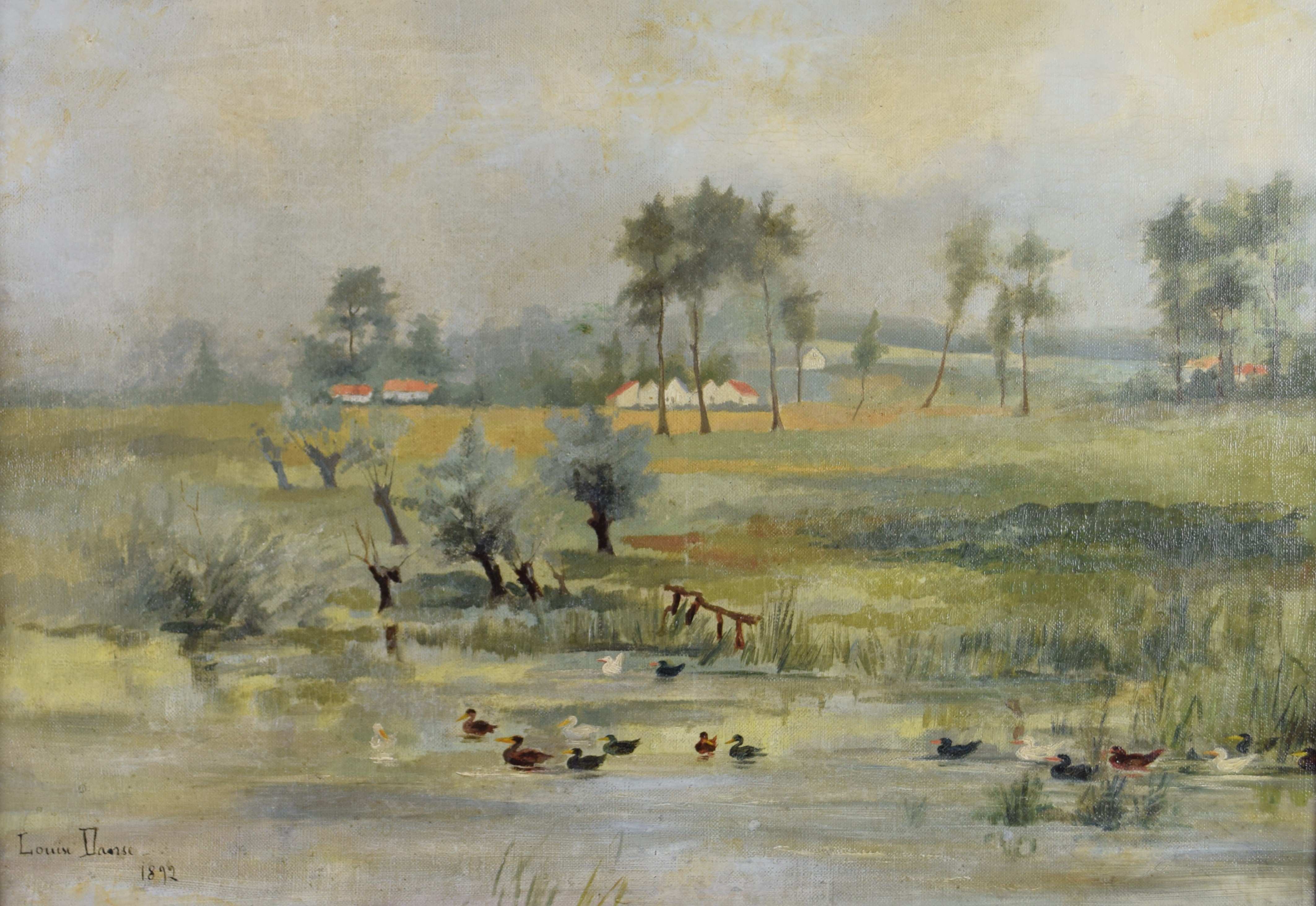 tableau L'étang aux canards Danse Louise animaux  huile toile 19e siècle