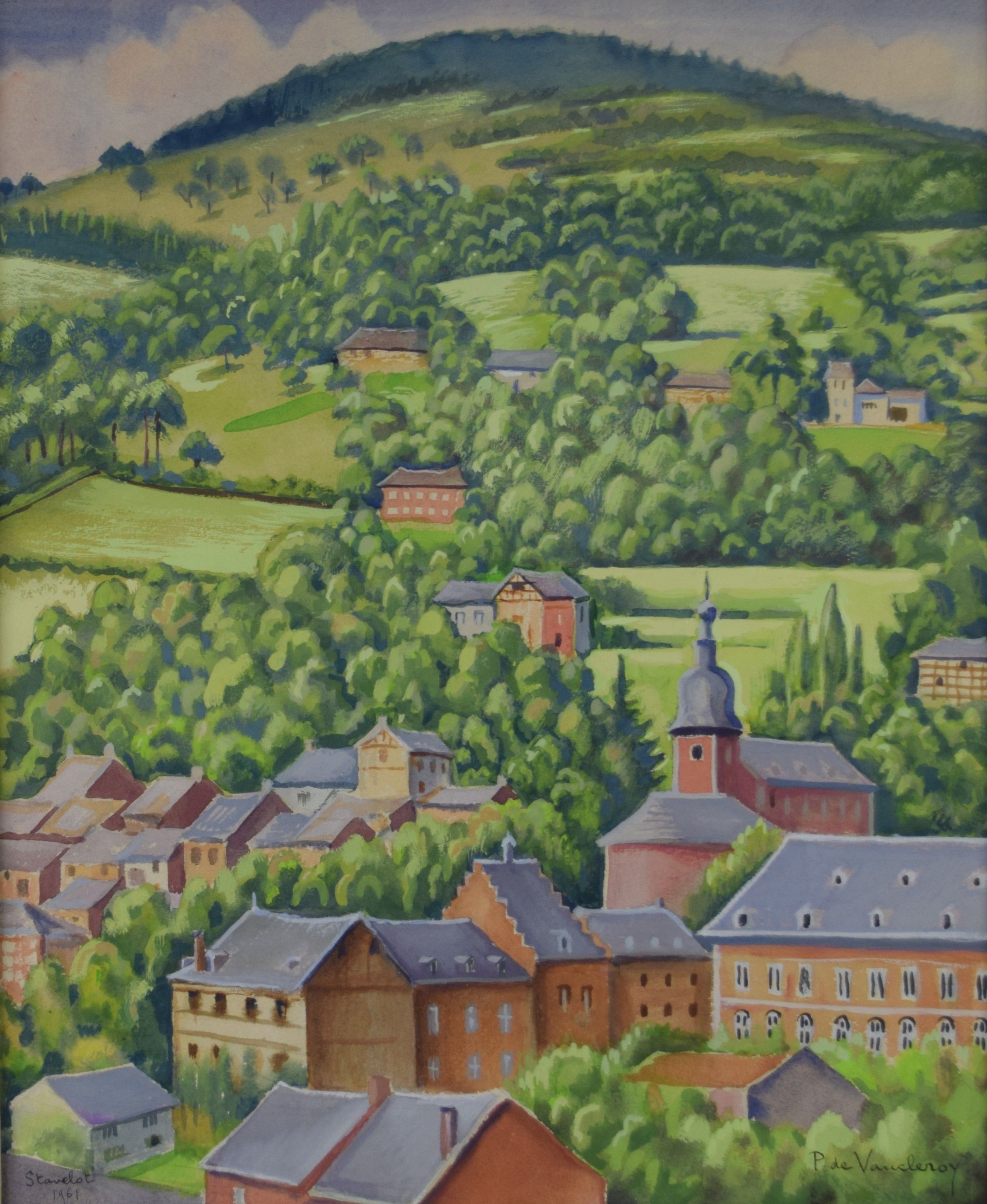 tableau Vue sur Stavlot  De Vaucleroy Pierre ville  aquarelle papier 2ième moitié 20e siècle