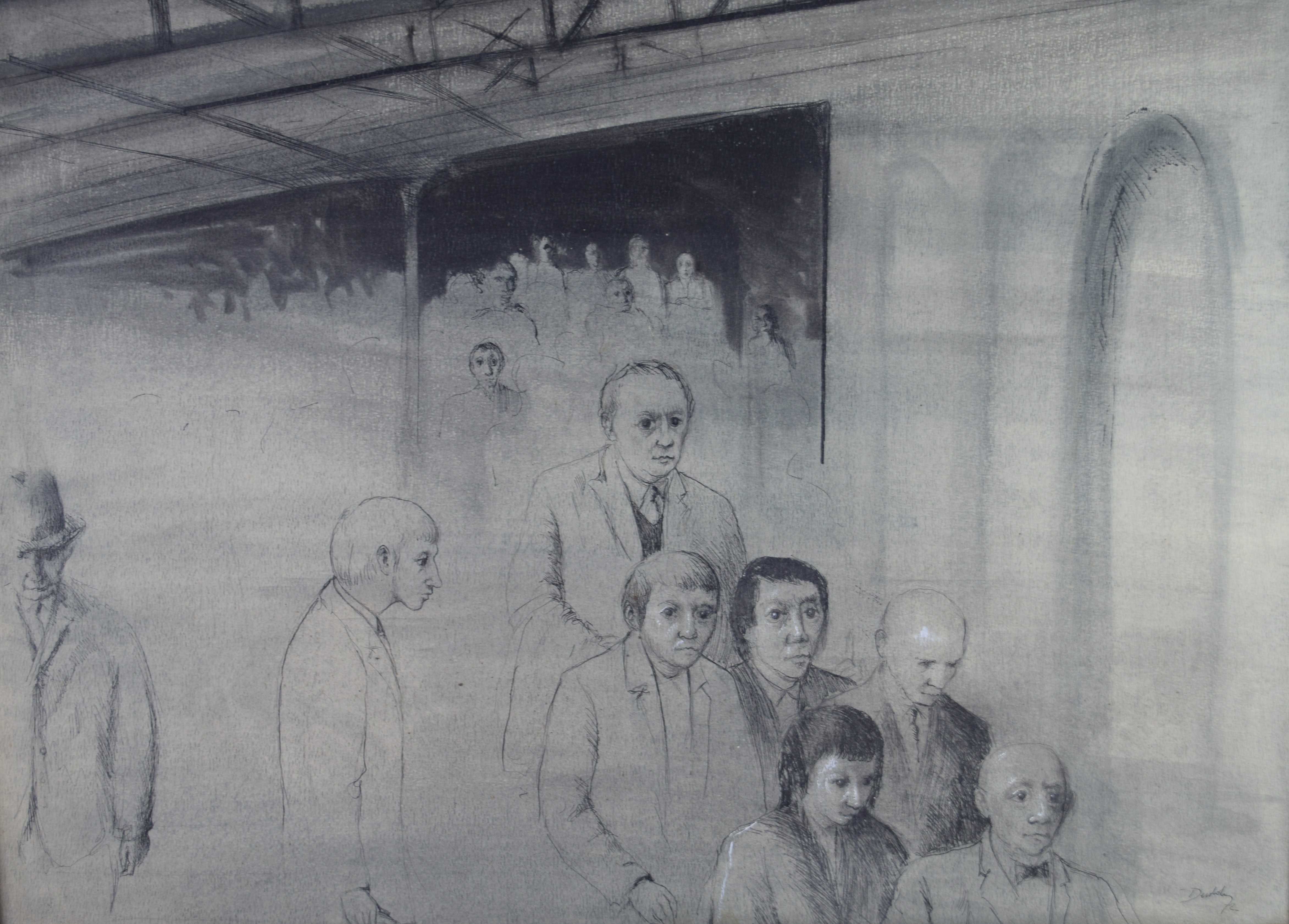 tableau La réunion Devolder Roland personnage  crayon papier 2ième moitié 20e siècle