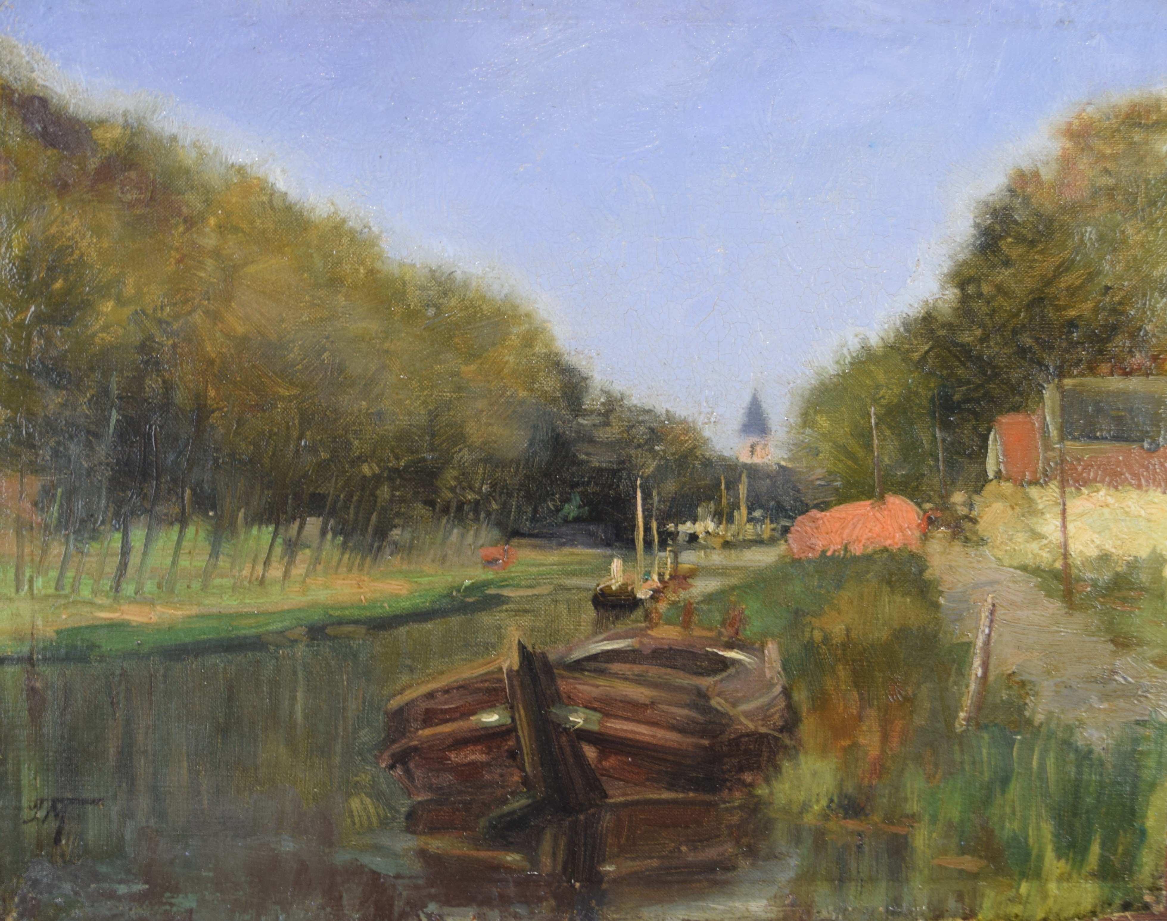 tableau La barge du canal    paysage,village  huile marouflé 1ère moitié 20e siècle