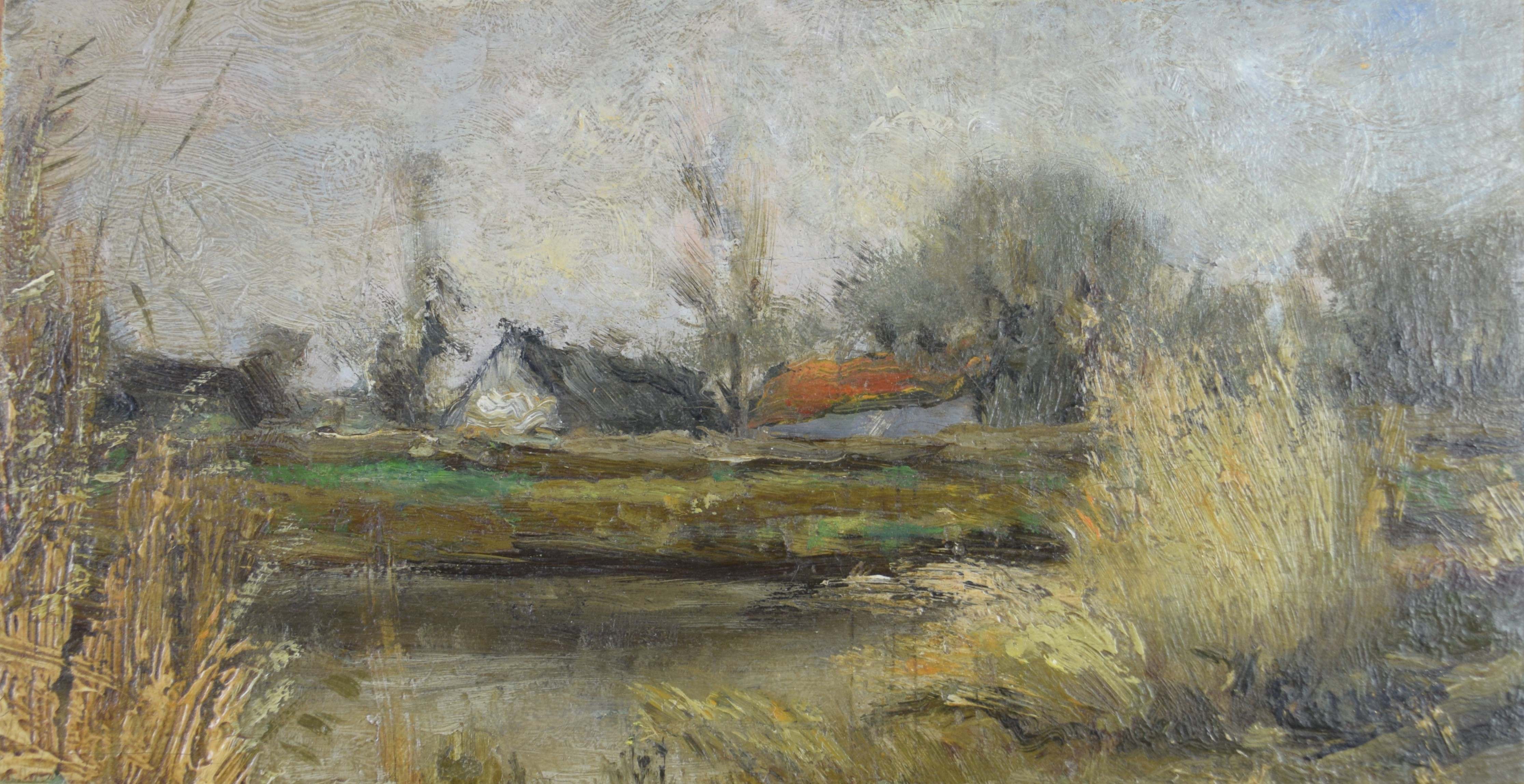 tableau Le hameau    paysage  huile papier 1ère moitié 20e siècle