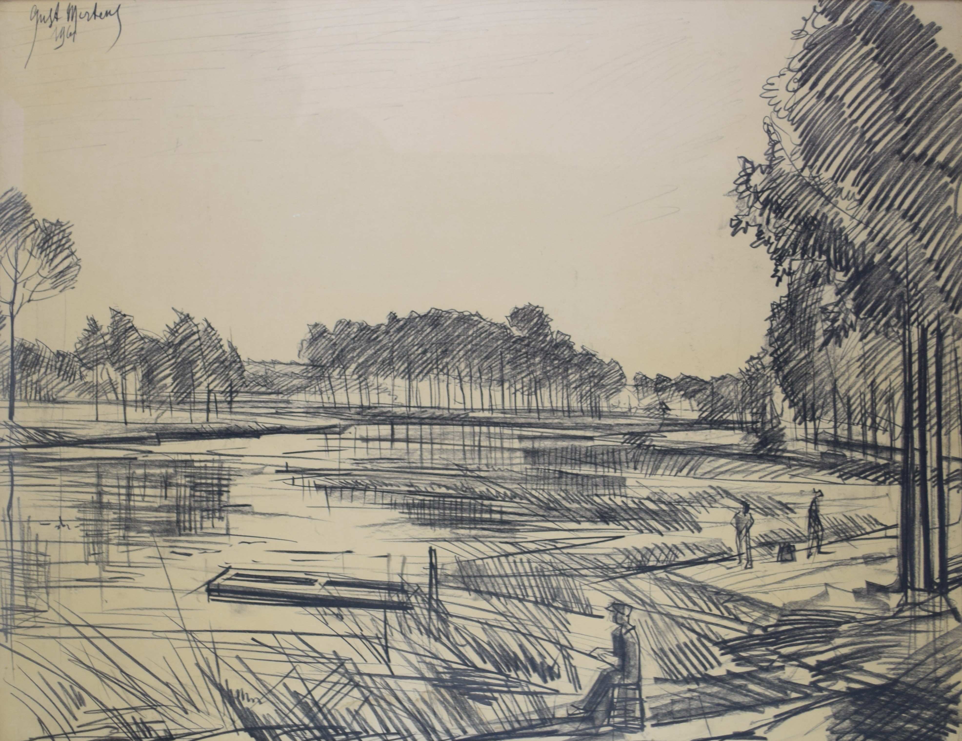 tableau Journée de pêche Mertens Gust chasse pêche,paysage,personnage  fusain papier 2ième moitié 20e siècle
