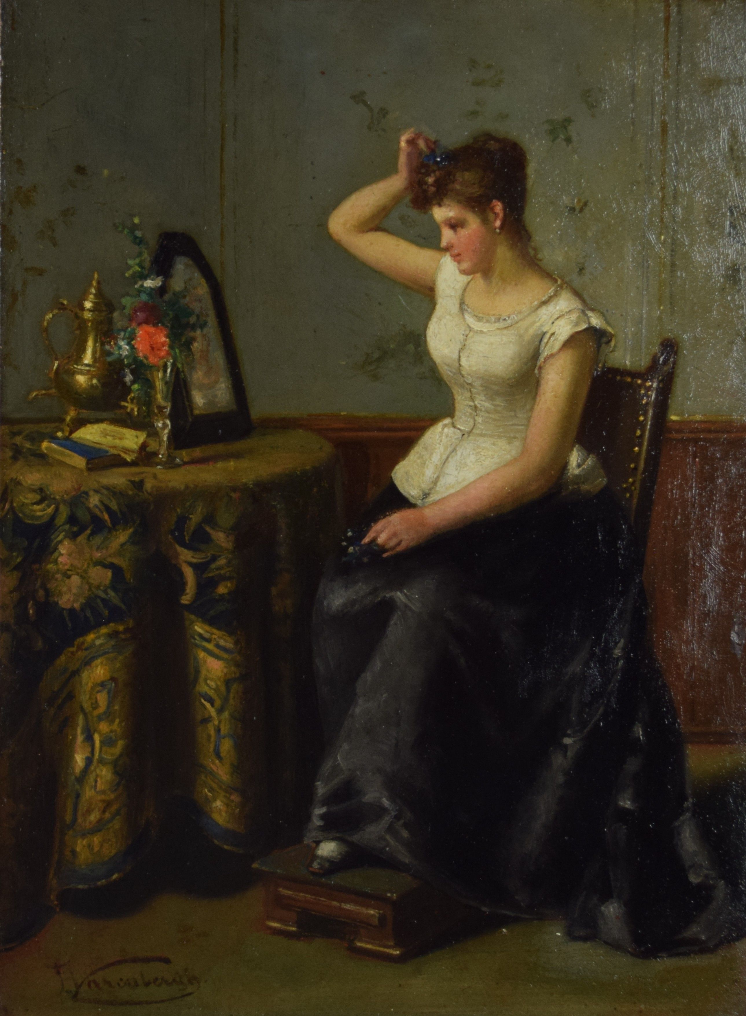 tableau Jeune fille ce mirant  Varenbergh Jan personnage,scène d'intérieur  huile panneau 1ère moitié 20e siècle