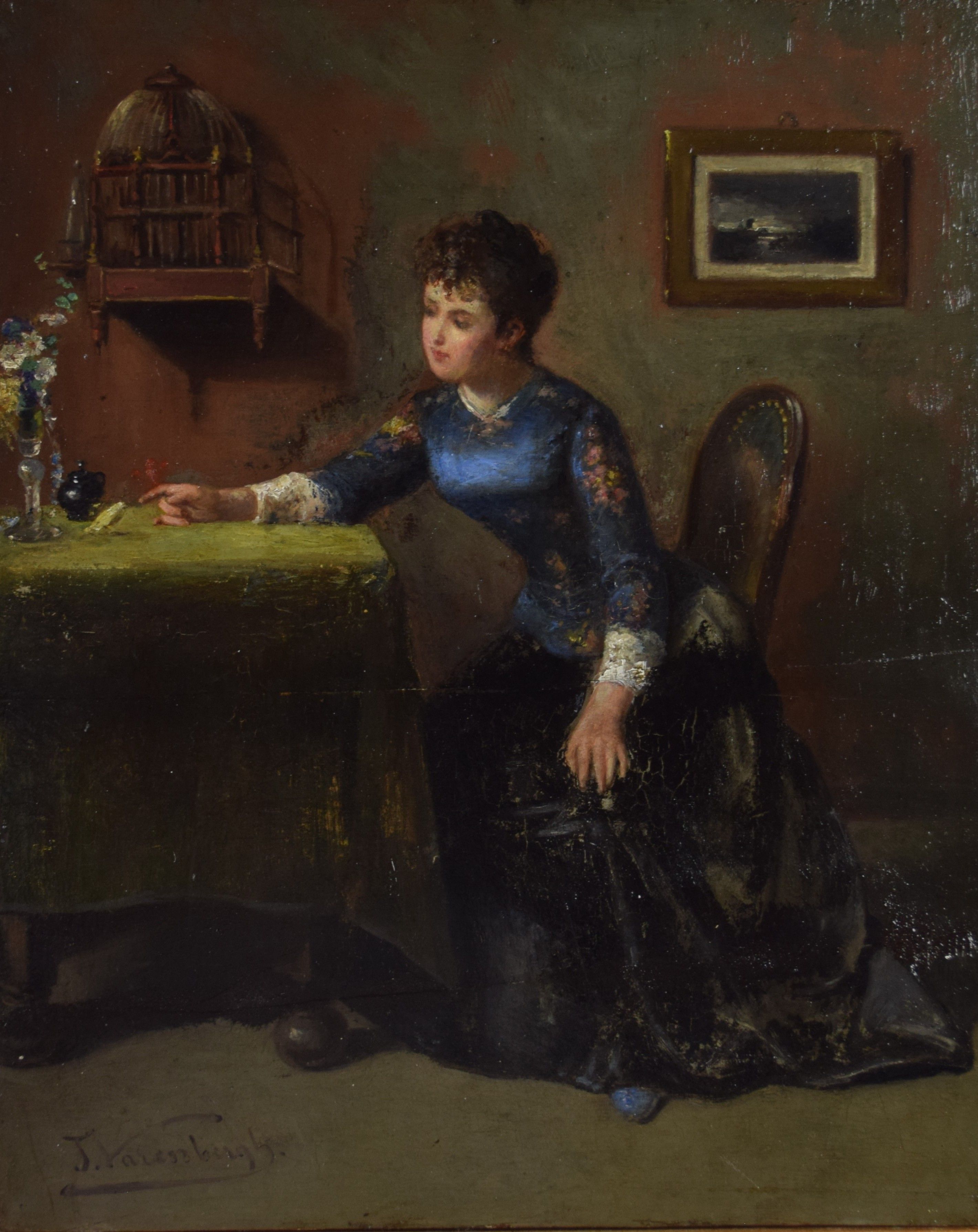 tableau Pensive à l'oiseau Varenbergh Jan personnage,scène d'intérieur  huile panneau 19e siècle