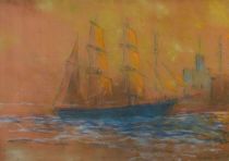 tableau Le quatre mâts  Borodine  marine,ville  pastel papier 2ième moitié 20e siècle