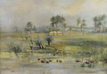 tableau L'étang aux canards Danse Louise animaux  huile toile 19e siècle