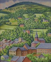 tableau Vue sur Stavlot  De Vaucleroy Pierre ville  aquarelle papier 2ième moitié 20e siècle