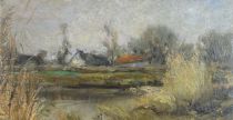 tableau Le hameau    paysage  huile papier 1ère moitié 20e siècle