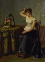tableau Jeune fille ce mirant  Varenbergh Jan personnage,scène d'intérieur  huile panneau 1ère moitié 20e siècle