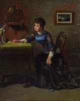 tableau Pensive à l'oiseau Varenbergh Jan personnage,scène d'intérieur  huile panneau 19e siècle