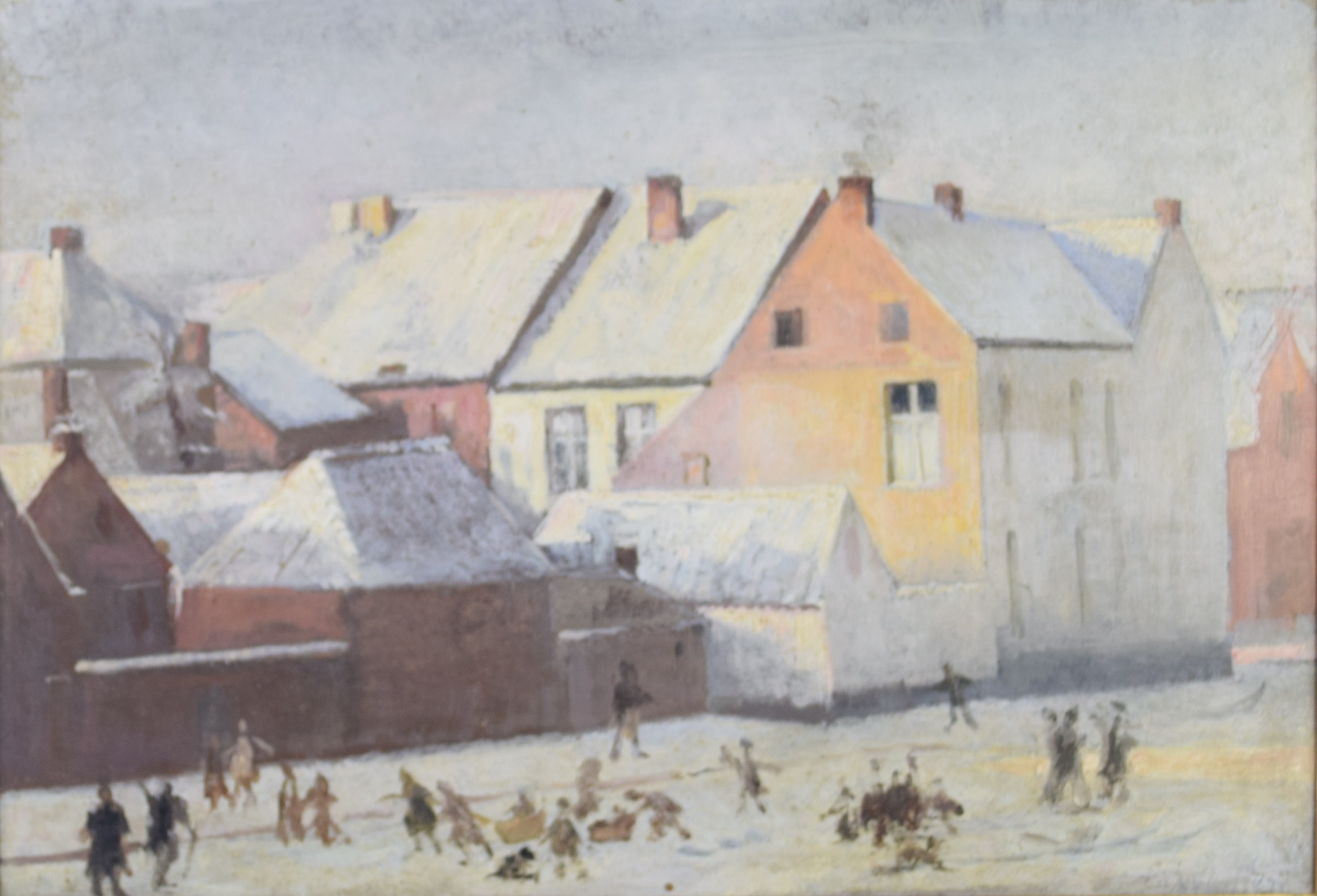 tableau Jeux de neige   personnage,ville  huile panneau 1ère moitié 20e siècle