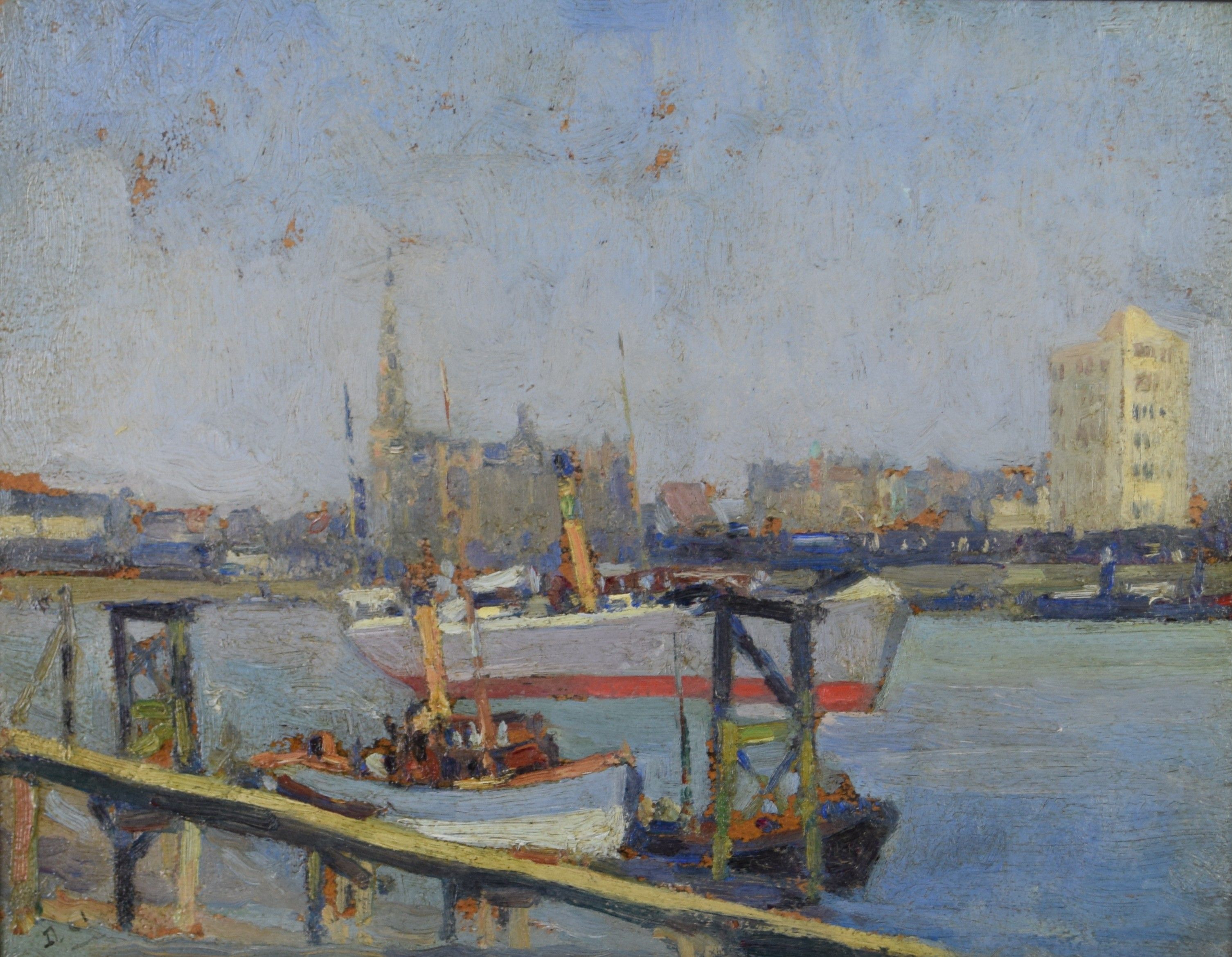 tableau Sortie du port   ville  huile isorel 1ère moitié 20e siècle