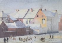 tableau Jeux de neige   personnage,ville  huile panneau 1ère moitié 20e siècle