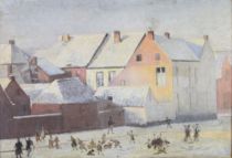 tableau Jeux de neige   personnage,ville  huile panneau 1ère moitié 20e siècle